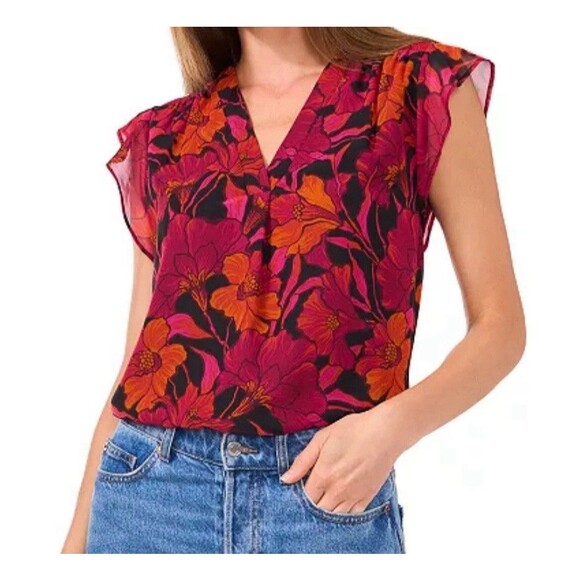 Vince Camuto Flutter Sleeve Lined Blouse Top L Floral Feminine Office Career - Picture 9 of 9